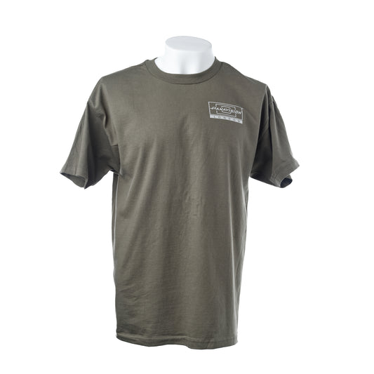 An olive green short-sleeve t-shirt shown from the front on a white mannequin torso, featuring a graphic print of the Panavision London logo.