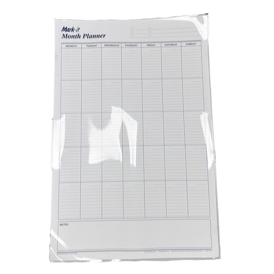 Month planner with grid layout in clear packaging on a white background