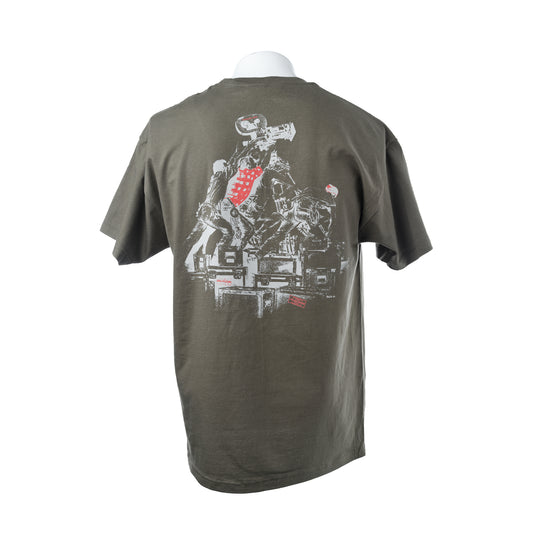 An olive green short-sleeve t-shirt shown from the back on a white mannequin torso, featuring a large graphic print of a several film crew struggling to raise the camera.