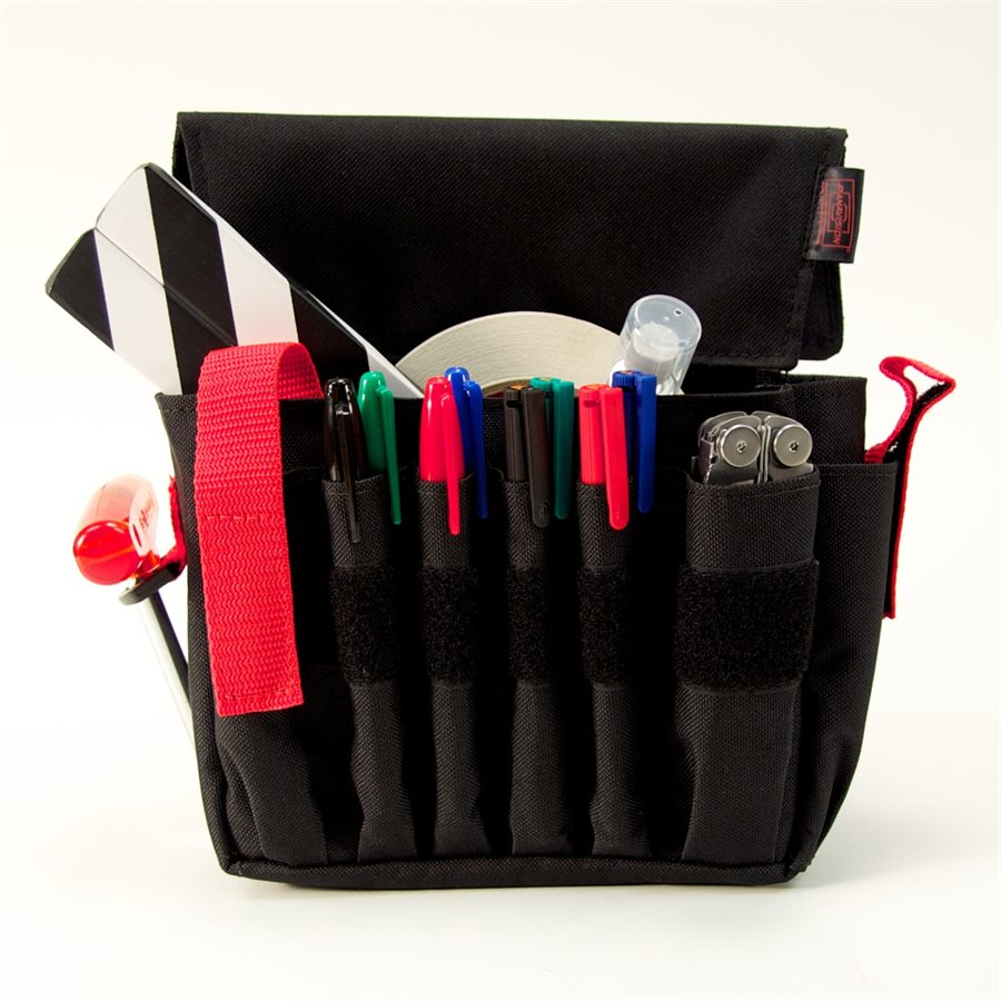 A black canvas tool pouch with various items such as pens, a flashlight, and a tape measure protruding from the pockets and compartments.