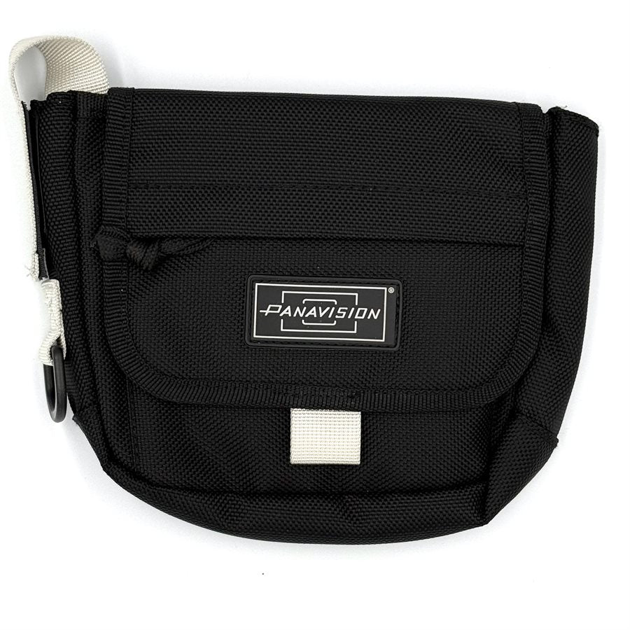 A black camera bag with a label that reads 'Panavision'. It features a zipper closure and a white adjustable strap.