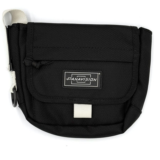 A black camera bag with a label that reads 'Panavision'. It features a zipper closure and a white adjustable strap.