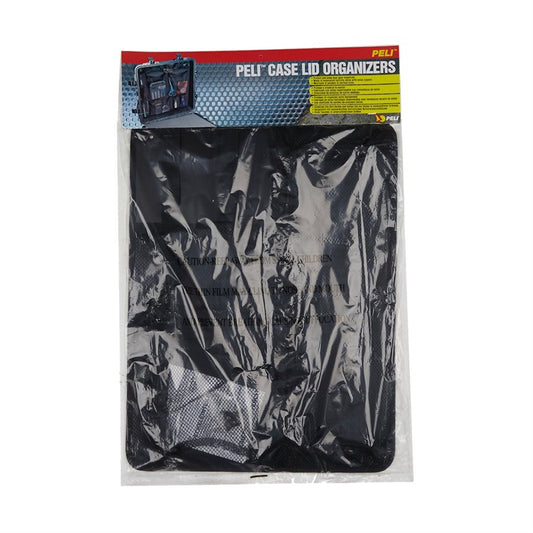 A black lid organizer for a Pelican case, packaged in a clear plastic bag with a cardboard header showing the product name and features.