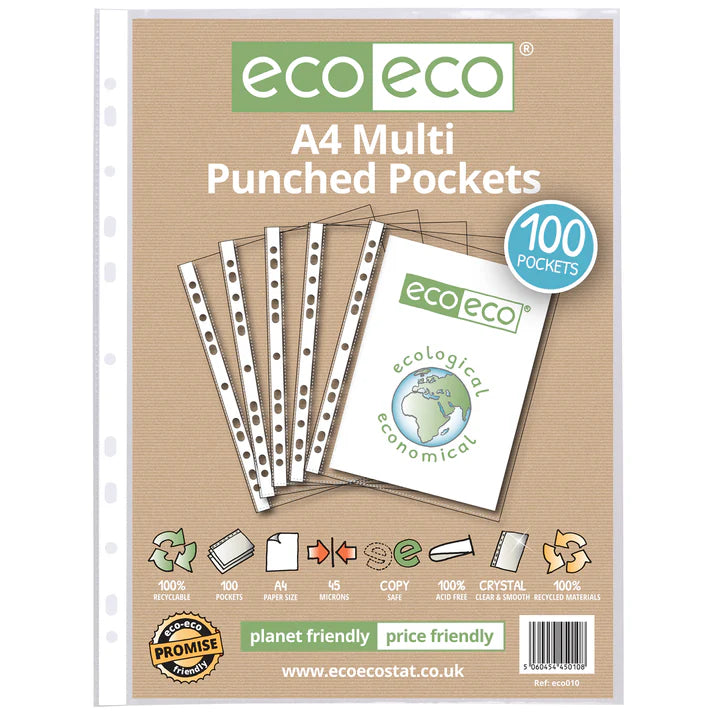 A4 PUNCHED POCKETS - 100% RECYCLED - PACK OF 100